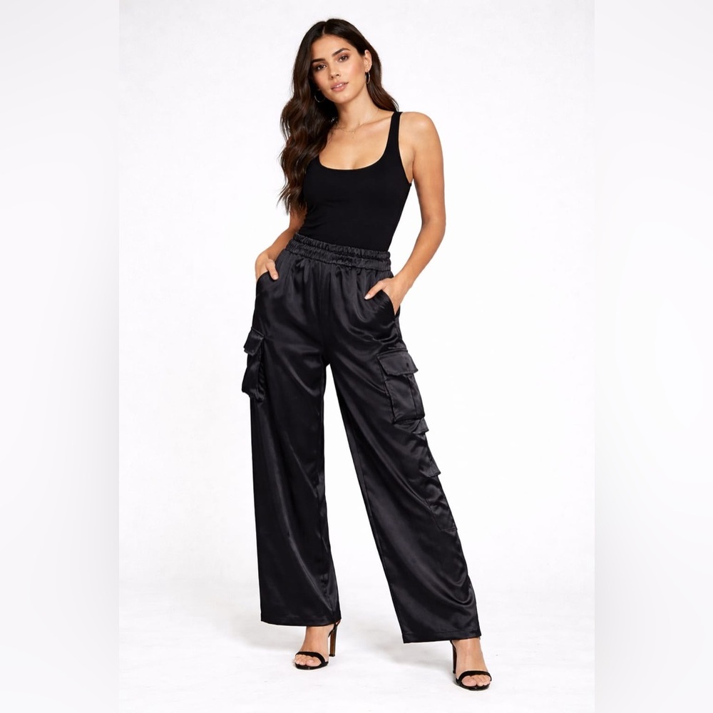 Kendall + Kylie Black Satin Cargo Pants